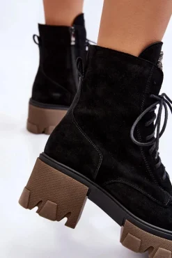Clearance Zamszowe Damskie Ocieplane Botki Trapery Czarne Lemar Rehin Damskie Damskie Trapery|Botki Sznurowane