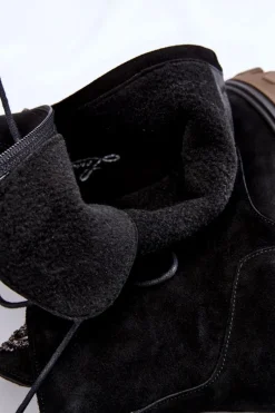 Clearance Zamszowe Damskie Ocieplane Botki Trapery Czarne Lemar Rehin Damskie Damskie Trapery|Botki Sznurowane