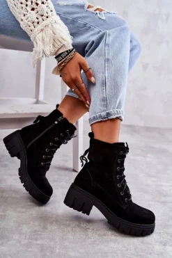 Best Zamszowe Damskie Ocieplane Botki Na Suwak Czarne Emilien Damskie Botki Sznurowane|Czarne Botki