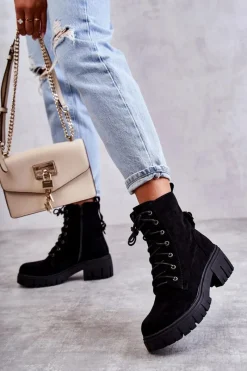 Best Zamszowe Damskie Ocieplane Botki Na Suwak Czarne Emilien Damskie Botki Sznurowane|Czarne Botki