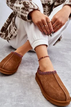 Outlet Zamszowe Damskie Papcie Z Futerkiem Camel Buffie Damskie Kapcie Klasyczne
