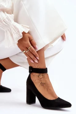 Zamszowe Eleganckie Czółenka Czarne Gloria Damskie Czółenka Zamszowe|Czółenka Na Słupku