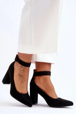 Zamszowe Eleganckie Czółenka Czarne Gloria Damskie Czółenka Zamszowe|Czółenka Na Słupku