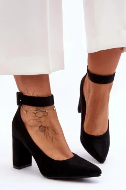 Zamszowe Eleganckie Czółenka Czarne Gloria Damskie Czółenka Zamszowe|Czółenka Na Słupku