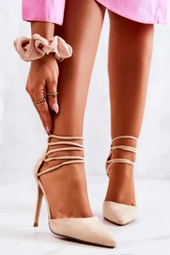 New Zamszowe Eleganckie Szpilki Beżowe Loveth Damskie Szpilki Zamszowe