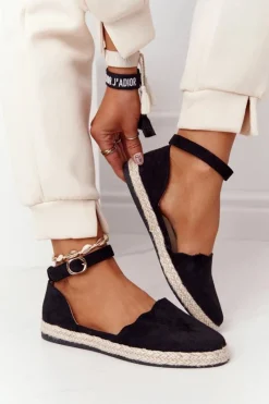 Hot Zamszowe Espadryle Na Słomkowej Podeszwie S.Barski Czarne Damskie Czarne Espadryle