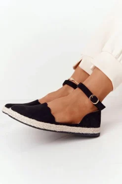 Hot Zamszowe Espadryle Na Słomkowej Podeszwie S.Barski Czarne Damskie Czarne Espadryle