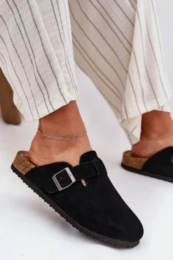 Outlet Zamszowe Klapki Chodaki Damskie Z Klamrą Big Star RR274A384 Czarne Damskie Klapki Damskie Big Star|Klapki Na Platformie