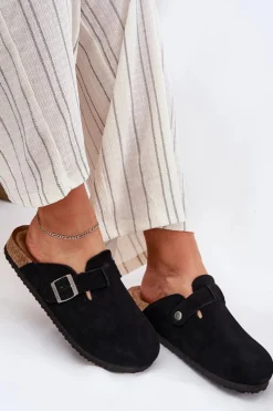 Outlet Zamszowe Klapki Chodaki Damskie Z Klamrą Big Star RR274A384 Czarne Damskie Klapki Damskie Big Star|Klapki Na Platformie