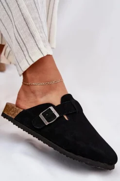 Outlet Zamszowe Klapki Chodaki Damskie Z Klamrą Big Star RR274A384 Czarne Damskie Klapki Damskie Big Star|Klapki Na Platformie