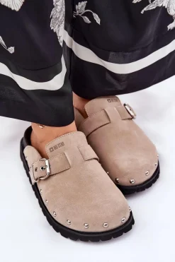 Best Zamszowe Klapki Chodaki Damskie Na Platformie Big Star RR274A376 Beżowe Damskie Klapki Damskie Big Star|Klapki Na Platformie