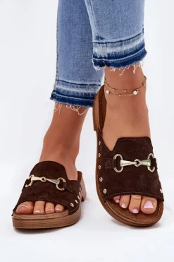 Klapki Damskie Klasyczne>INBLU Zamszowe Klapki Damskie TF0002KU Brązowe