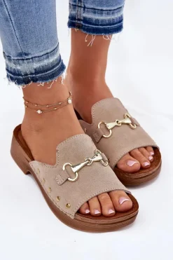 Discount Zamszowe Klapki Damskie TF0002KU Beżowe Damskie Klapki Damskie Klasyczne