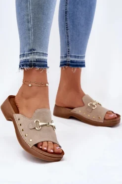 Discount Zamszowe Klapki Damskie TF0002KU Beżowe Damskie Klapki Damskie Klasyczne