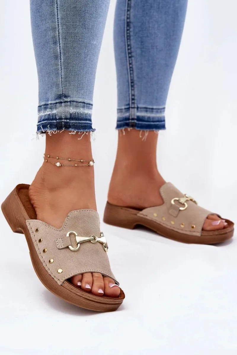 Discount Zamszowe Klapki Damskie TF0002KU Beżowe Damskie Klapki Damskie Klasyczne