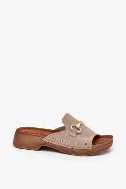 Discount Zamszowe Klapki Damskie TF0002KU Beżowe Damskie Klapki Damskie Klasyczne