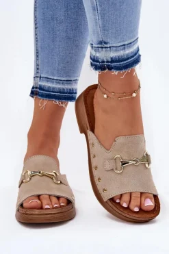 Discount Zamszowe Klapki Damskie TF0002KU Beżowe Damskie Klapki Damskie Klasyczne