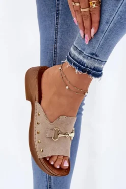 Discount Zamszowe Klapki Damskie TF0002KU Beżowe Damskie Klapki Damskie Klasyczne