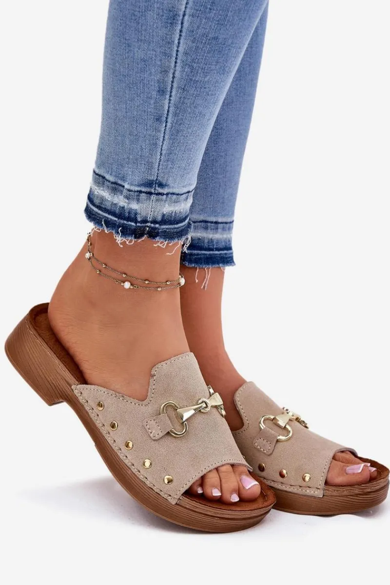 Discount Zamszowe Klapki Damskie TF0002KU Beżowe Damskie Klapki Damskie Klasyczne