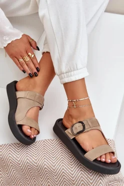 Klapki Damskie Klasyczne>Zazoo Zamszowe Klapki Damskie Na Platformie 3024 Beżowe Beżowy