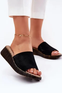 Clearance Zamszowe Klapki Damskie Na Koturnie RR267043 Czarne Damskie Klapki Na Koturnie|Klapki Damskie Klasyczne