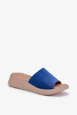 Zamszowe Klapki Damskie Na Koturnie RR267041 Niebieskie Damskie Klapki Na Koturnie|Klapki Damskie Klasyczne