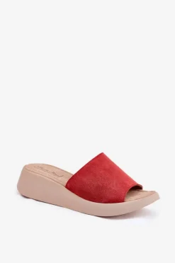 Online Panto Fino Zamszowe Klapki Damskie Na Koturnie RR267040 Czerwone