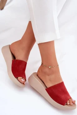 Online Panto Fino Zamszowe Klapki Damskie Na Koturnie RR267040 Czerwone