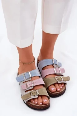 New Zamszowe Klapki Damskie Z Klamrami RR267034 Niebieskie Damskie Klapki Damskie Klasyczne