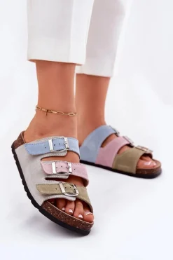 New Zamszowe Klapki Damskie Z Klamrami RR267034 Niebieskie Damskie Klapki Damskie Klasyczne