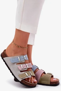 New Zamszowe Klapki Damskie Z Klamrami RR267034 Niebieskie Damskie Klapki Damskie Klasyczne