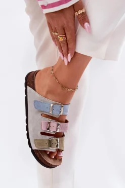 New Zamszowe Klapki Damskie Z Klamrami RR267034 Niebieskie Damskie Klapki Damskie Klasyczne