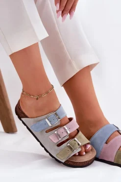 New Zamszowe Klapki Damskie Z Klamrami RR267034 Niebieskie Damskie Klapki Damskie Klasyczne