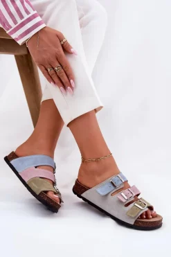 New Zamszowe Klapki Damskie Z Klamrami RR267034 Niebieskie Damskie Klapki Damskie Klasyczne