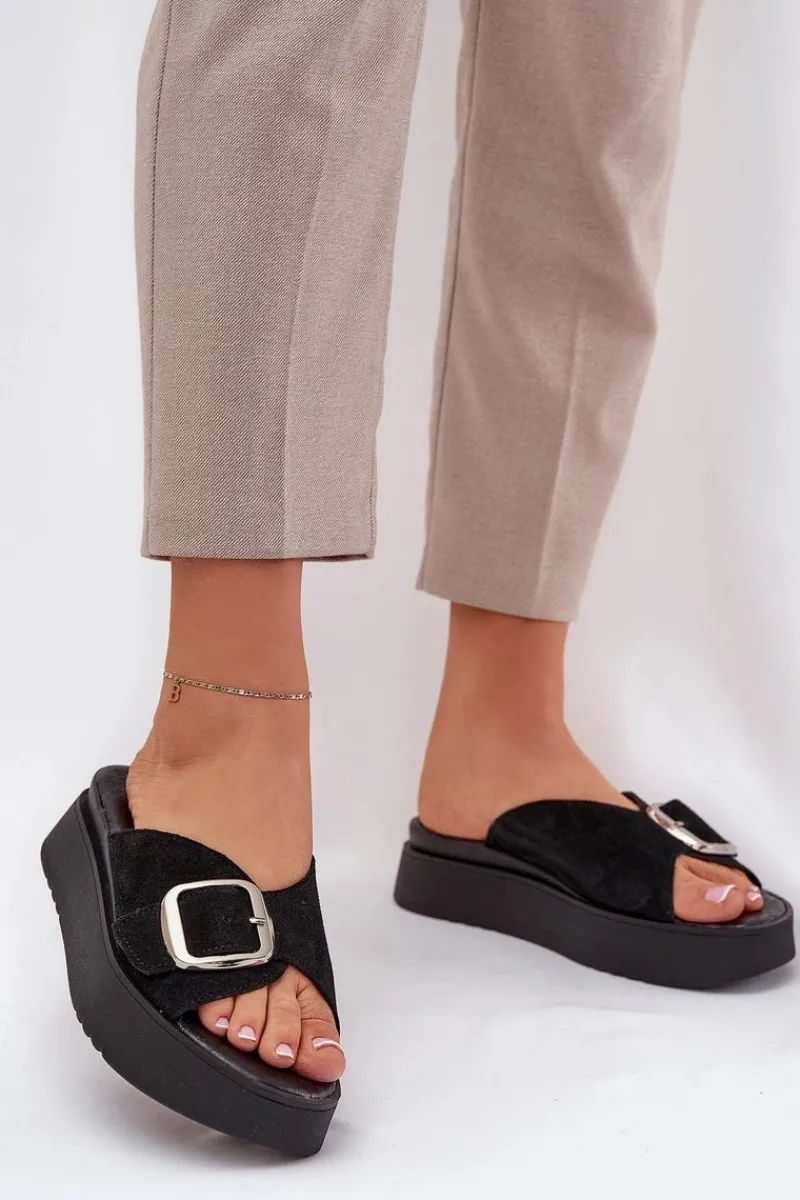 Klapki Damskie Klasyczne>Zazoo Zamszowe Klapki Damskie Z Klamrą Na Platformie 3019 Czarne Czarny