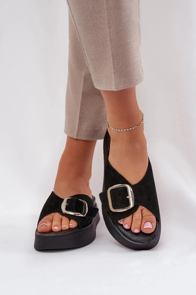 Klapki Damskie Klasyczne>Zazoo Zamszowe Klapki Damskie Z Klamrą Na Platformie 3019 Czarne Czarny