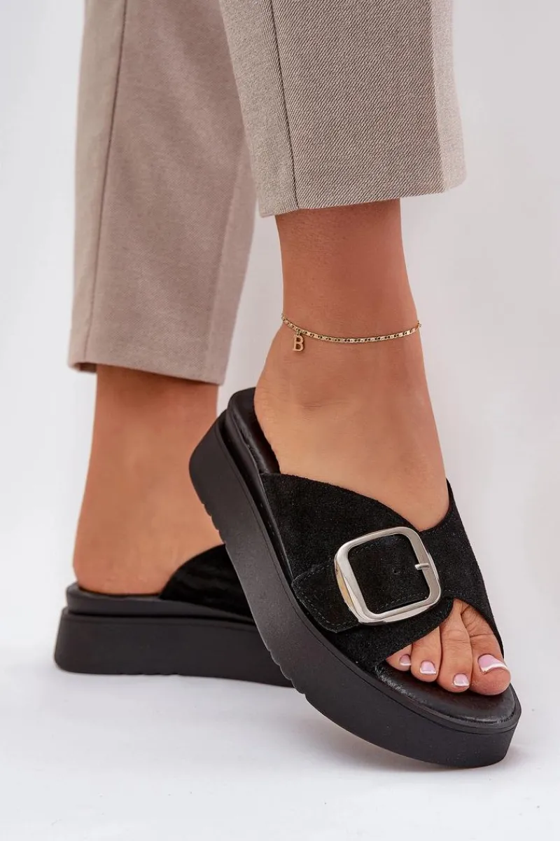 Klapki Damskie Klasyczne>Zazoo Zamszowe Klapki Damskie Z Klamrą Na Platformie 3019 Czarne Czarny