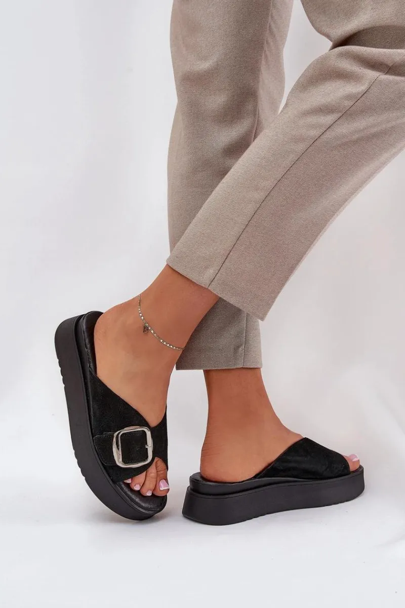 Klapki Damskie Klasyczne>Zazoo Zamszowe Klapki Damskie Z Klamrą Na Platformie 3019 Czarne Czarny