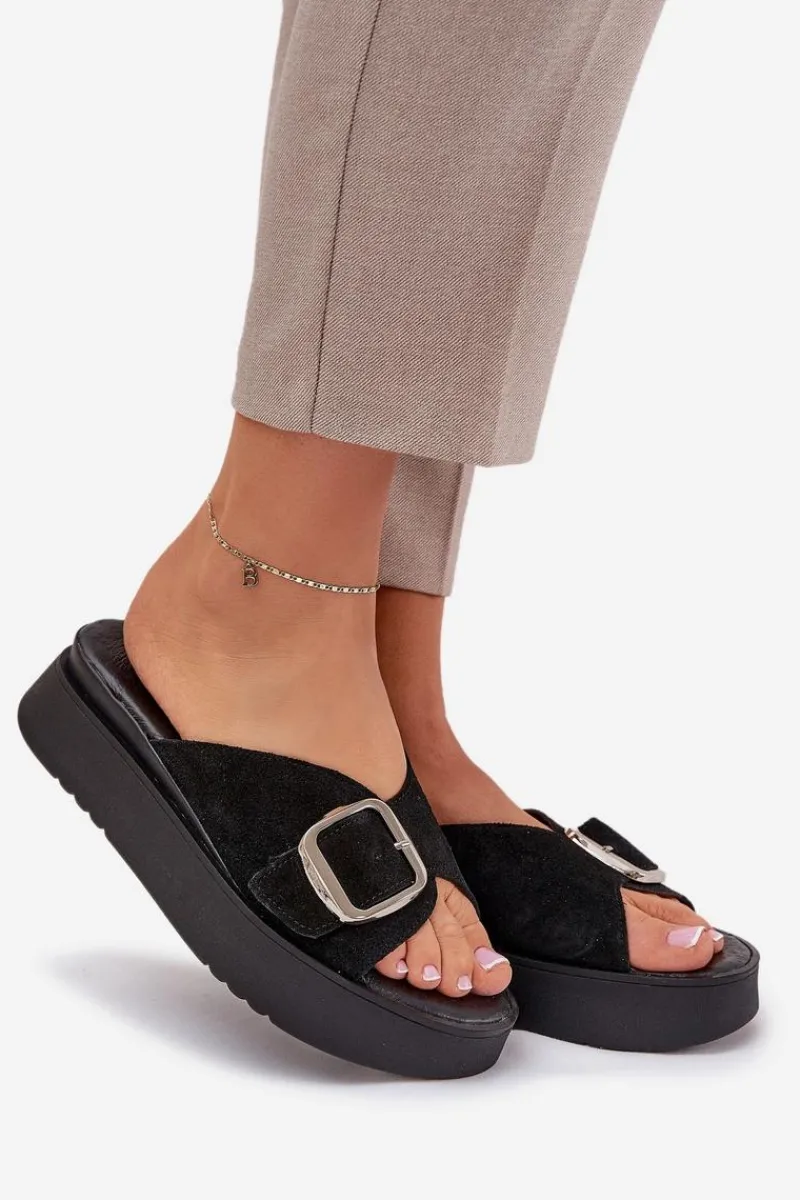 Klapki Damskie Klasyczne>Zazoo Zamszowe Klapki Damskie Z Klamrą Na Platformie 3019 Czarne Czarny