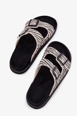 Clearance D.Franklin Zamszowe Klapki Damskie Z Klamrami DFSH405002 Zebra