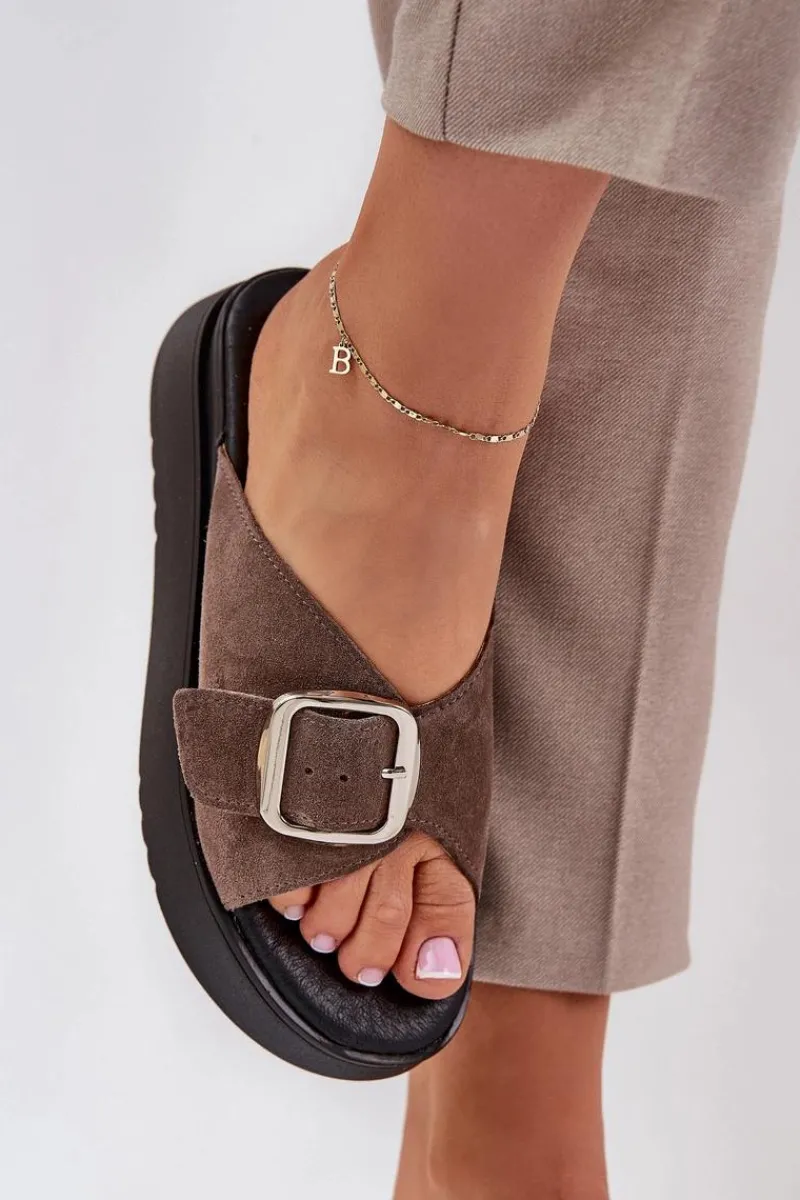 Zazoo Zamszowe Klapki Damskie Z Klamrą Na Platformie 3019 Brązowe Brązowy