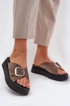 Zazoo Zamszowe Klapki Damskie Z Klamrą Na Platformie 3019 Brązowe Brązowy