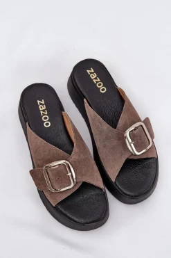 Zazoo Zamszowe Klapki Damskie Z Klamrą Na Platformie 3019 Brązowe Brązowy