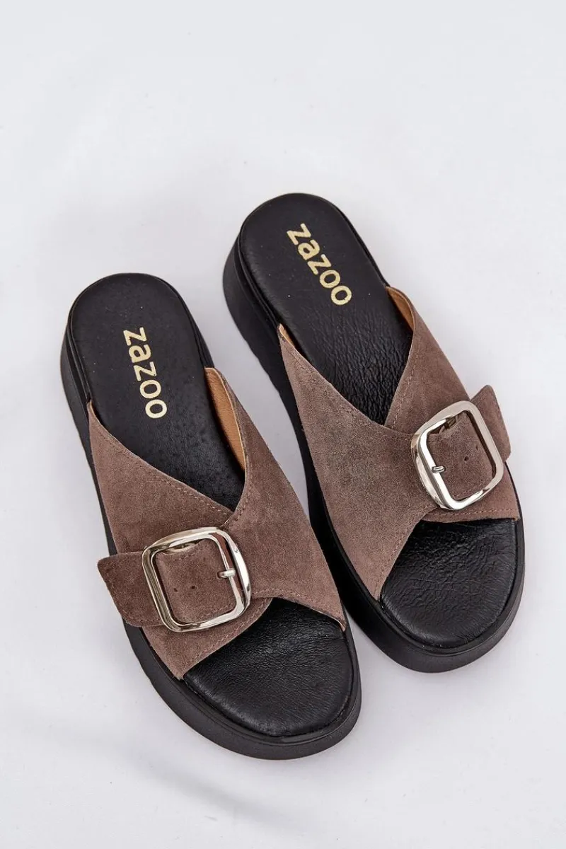 Zazoo Zamszowe Klapki Damskie Z Klamrą Na Platformie 3019 Brązowe Brązowy