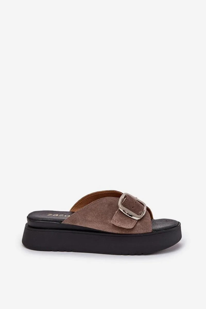 Zazoo Zamszowe Klapki Damskie Z Klamrą Na Platformie 3019 Brązowe Brązowy