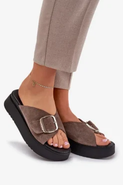 Zazoo Zamszowe Klapki Damskie Z Klamrą Na Platformie 3019 Brązowe Brązowy