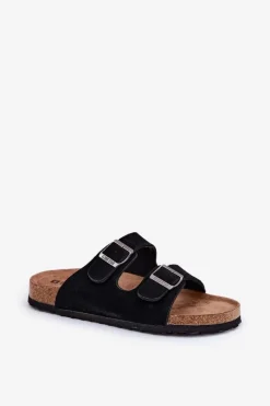 Big Star Shoes Zamszowe Klapki Damskie Z Klamrami Big Star RR274A390 Czarne Czarny