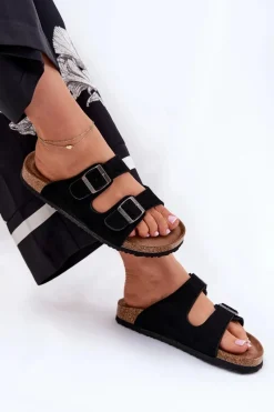 Big Star Shoes Zamszowe Klapki Damskie Z Klamrami Big Star RR274A390 Czarne Czarny