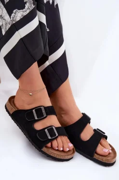 Big Star Shoes Zamszowe Klapki Damskie Z Klamrami Big Star RR274A390 Czarne Czarny