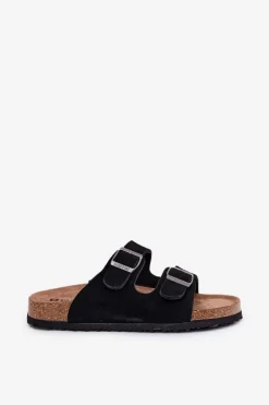 Big Star Shoes Zamszowe Klapki Damskie Z Klamrami Big Star RR274A390 Czarne Czarny